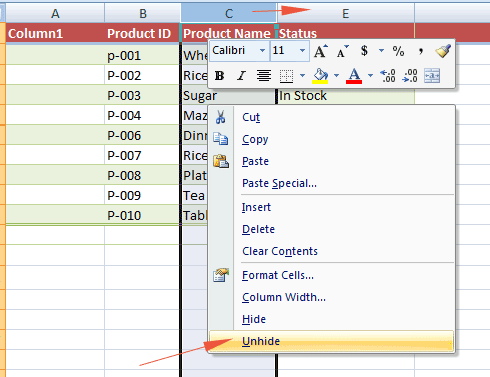 how can you unhide a column in excel 2016